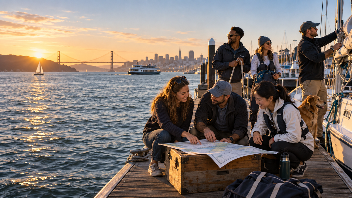 Mariner Brotherhood community members planning a waterfront journey on San Francisco Bay